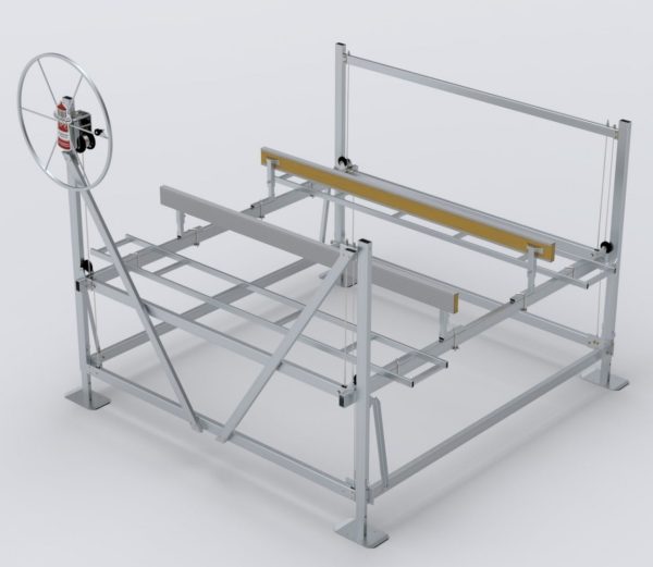 MPC3500 A Vertical Pontoon Lift 3500lbs with a metal frame, large circular end, and horizontal bars for marine or dock use.