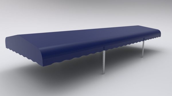 A dark blue Boat Lift Canopy with scalloped edges, supported by two metal poles on a plain light background.