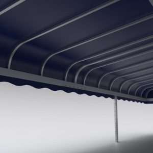 Boat Lift Canopies: Blue metal frame with curved, scalloped roof, viewed from below against a plain background.