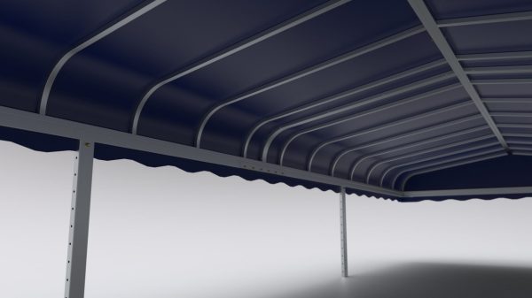 Boat Lift Canopies: Blue metal frame with curved, scalloped roof, viewed from below against a plain background.